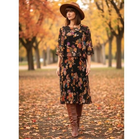 NWT! Anthology - black dress with floral print & pleated skirt - Picture 2 of 11